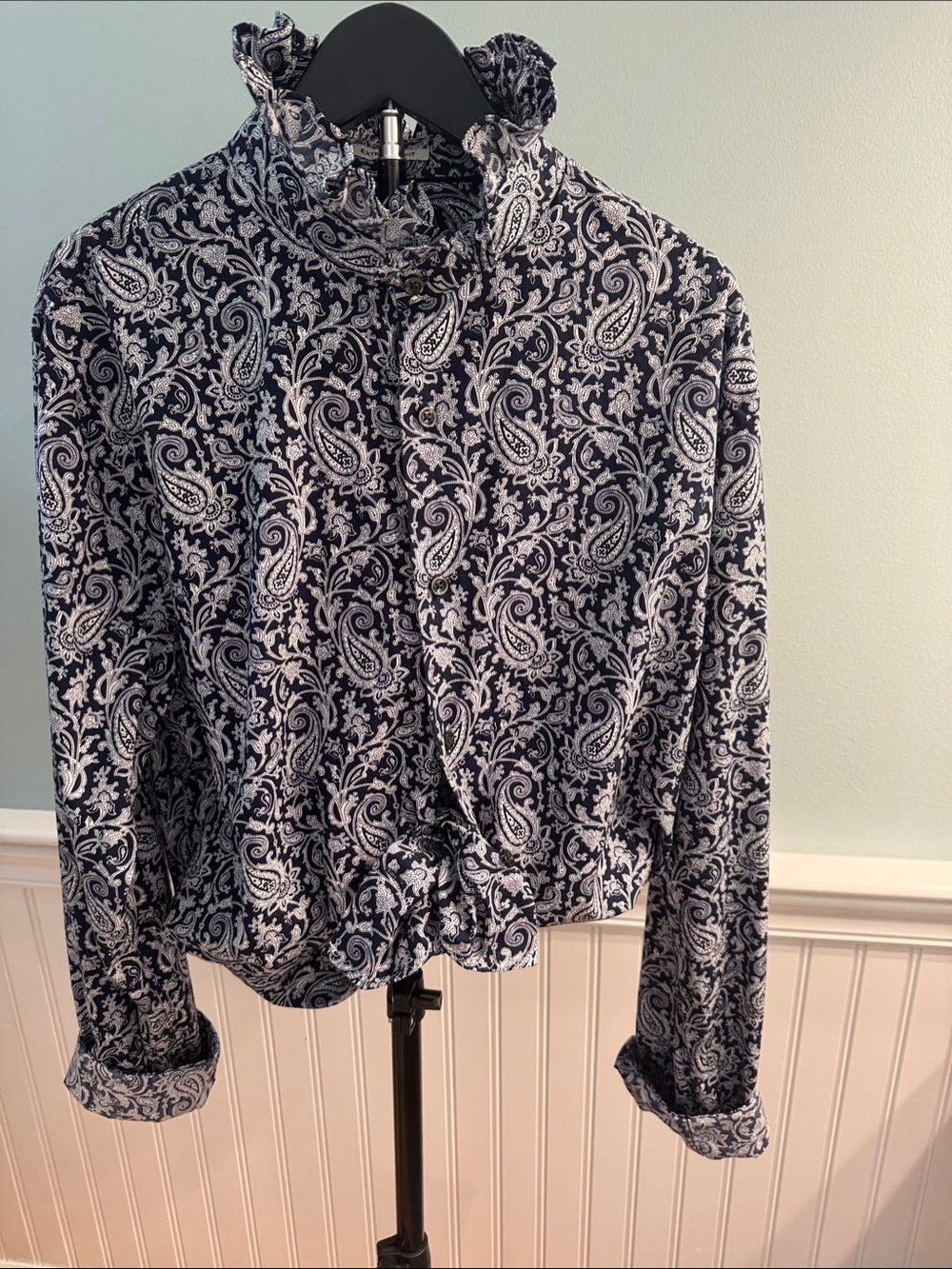 Reimagined Navy and White Paisley Men’s EXPRESS button up with ruffle collar